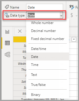 Screenshot of Data View, showing the Data type dropdown selection.