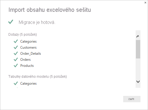 Screenshot that shows the Import Excel workbook contents summary page.