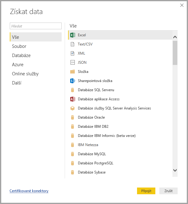 Screenshot shows the Get Data dialog with All and Excel selected.