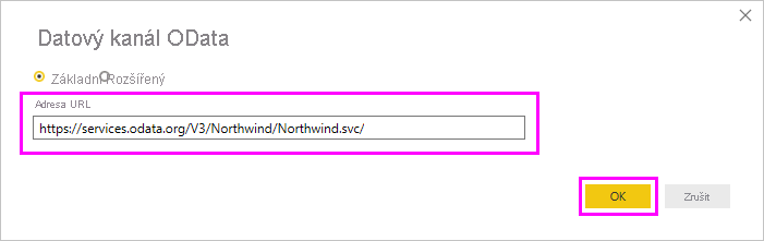 Screenshot that highlights the URL field in the OData feed dialog box.