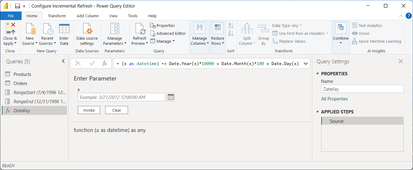 Editor funkcí Power BI zobrazující celočíselnou náhradní funkci DateKey