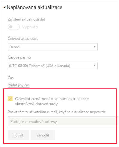 Snímek obrazovky s oblastí pro správu pro změnu oznámení o aktualizaci e-mailů Power BI