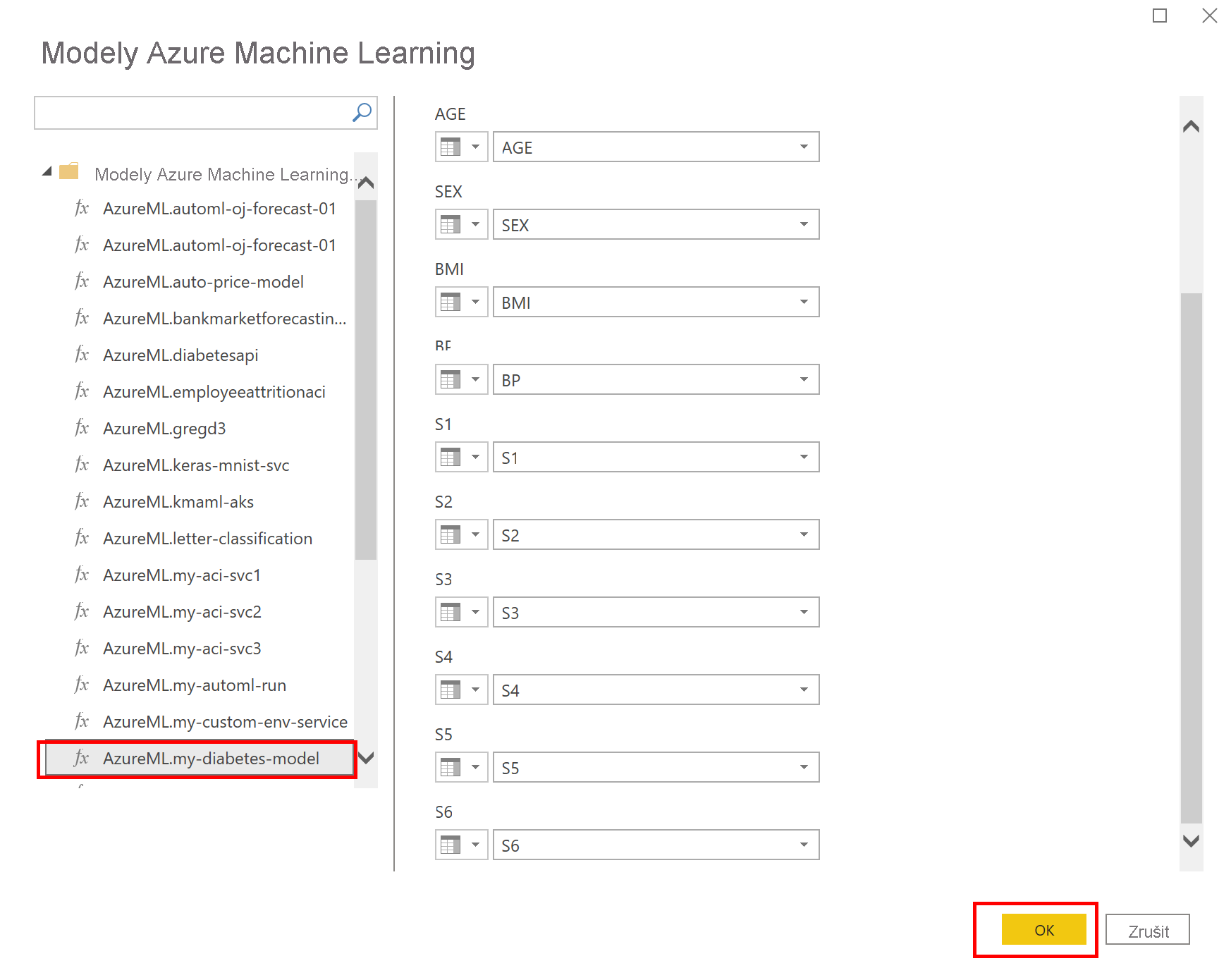Snímek obrazovky znázorňující modely Azure Machine Learning