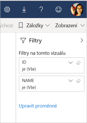 Screenshot that shows the Edit variables link in the Filter pane.