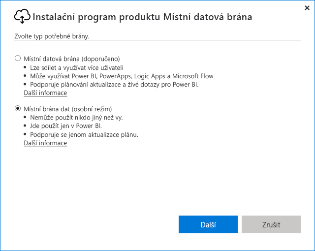 Snímek obrazovky s výběrem možnosti osobního režimu místní brány dat v instalačním programu