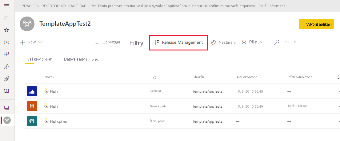 Screenshot that shows Release Management in the template workspace.