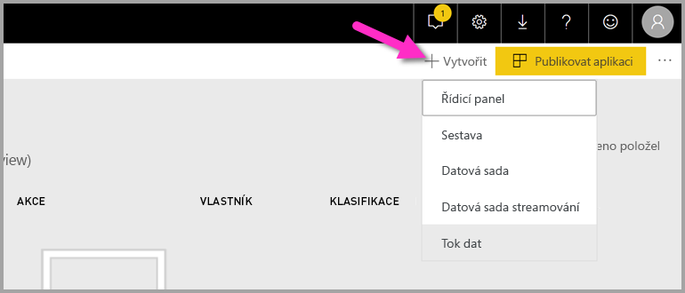 Screenshot shows the Power BI workspace with Create, then Dashboard, selected.