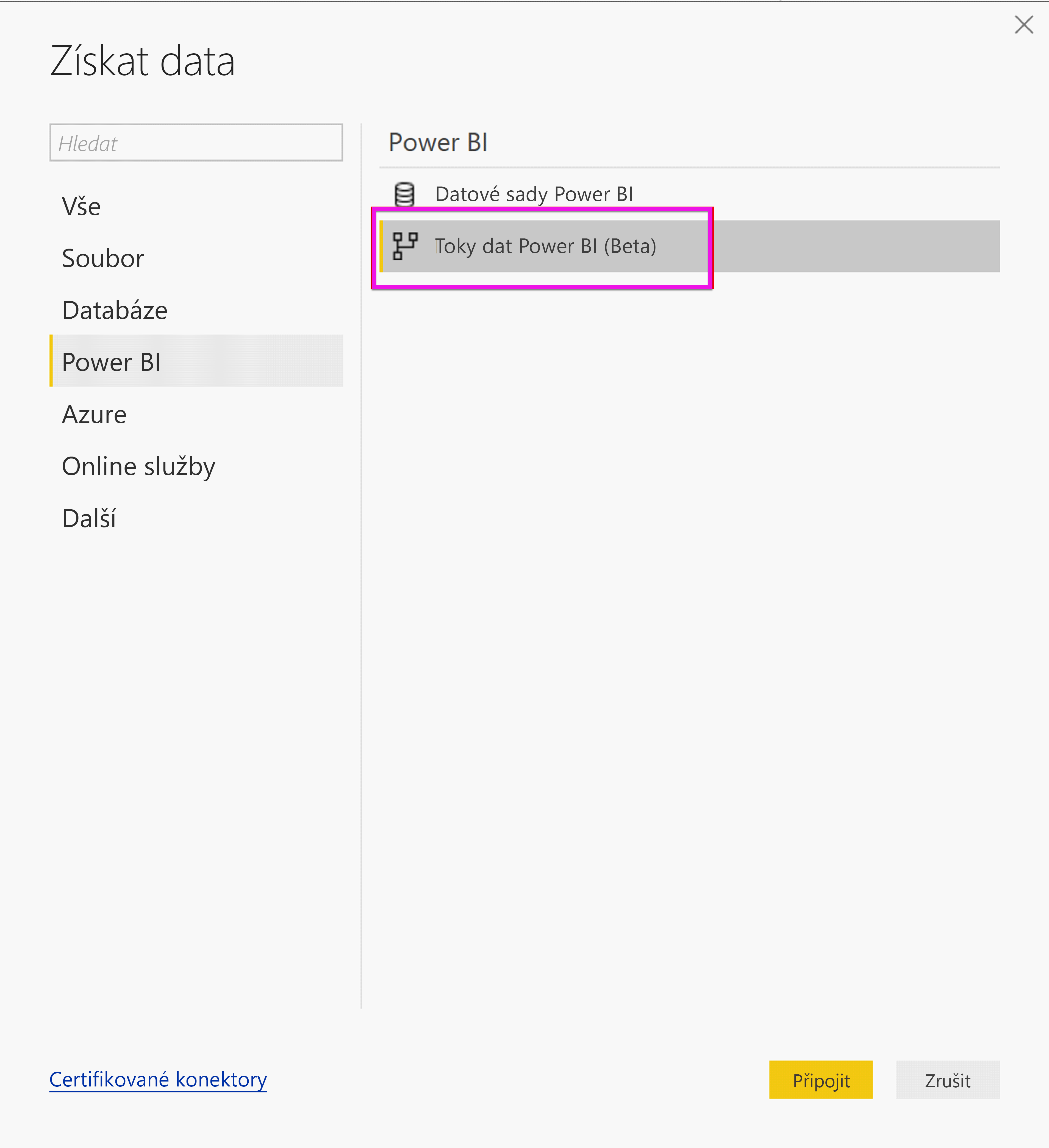 Screenshot shows the Get Data pane with Power BI dataflows selected.