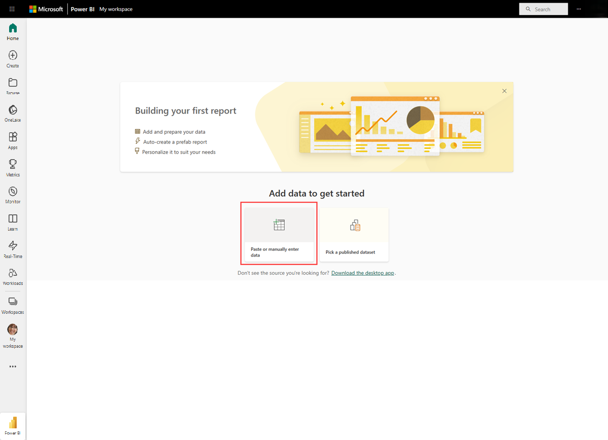 Snímek obrazovky s služba Power BI otevřením a vybranou možností Vložit nebo ručně zadat data