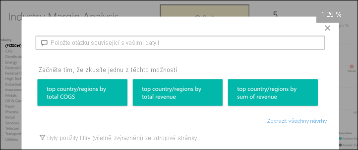 Snímek obrazovky s otevřeným oknem Průzkumníka Q&A v Power BI s navrhovanými otázkami