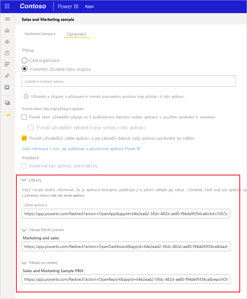 Snímek obrazovky se zvýrazněnými odkazy aplikace pro publikování v Power BI