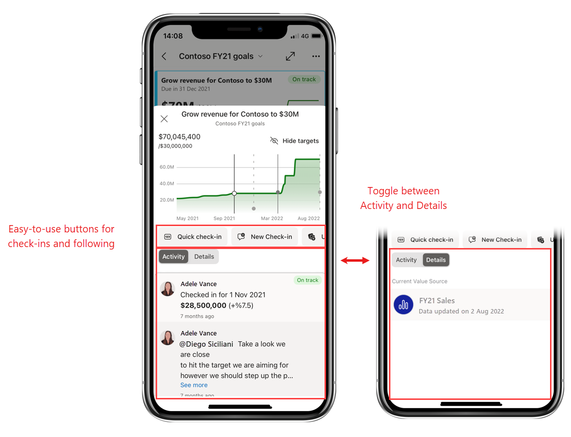 Snímek obrazovky s novým a vylepšeným podoknem podrobností metrik v mobilní aplikaci Power BI