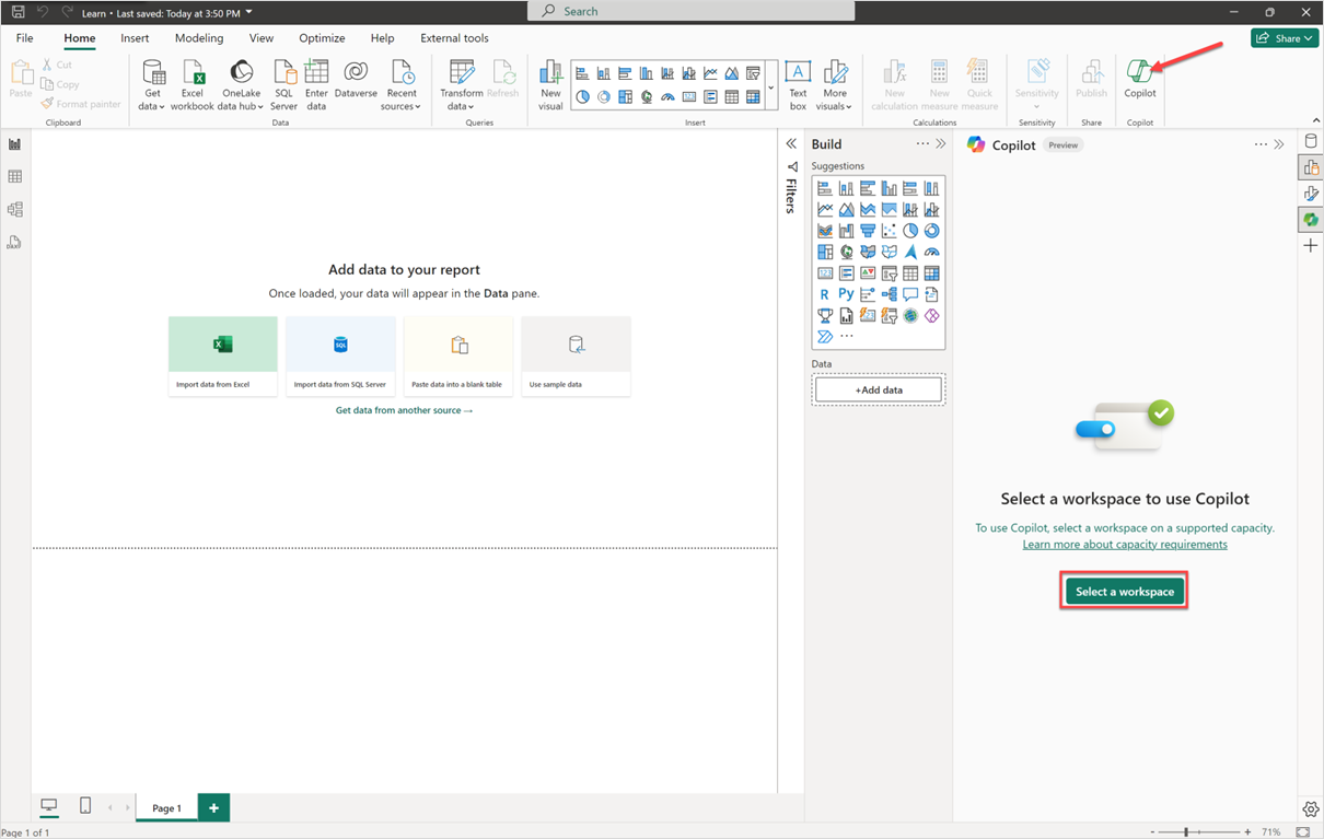 Snímek obrazovky s podoknem Copilot v Power BI Desktopu