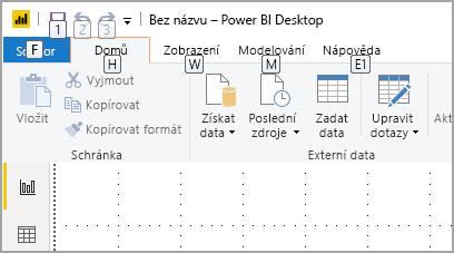 Snímek obrazovky s Power BI Desktop s klávesovými zkratkami