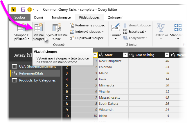 Screenshot of the Power Query Editor with Custom Column highlighted.