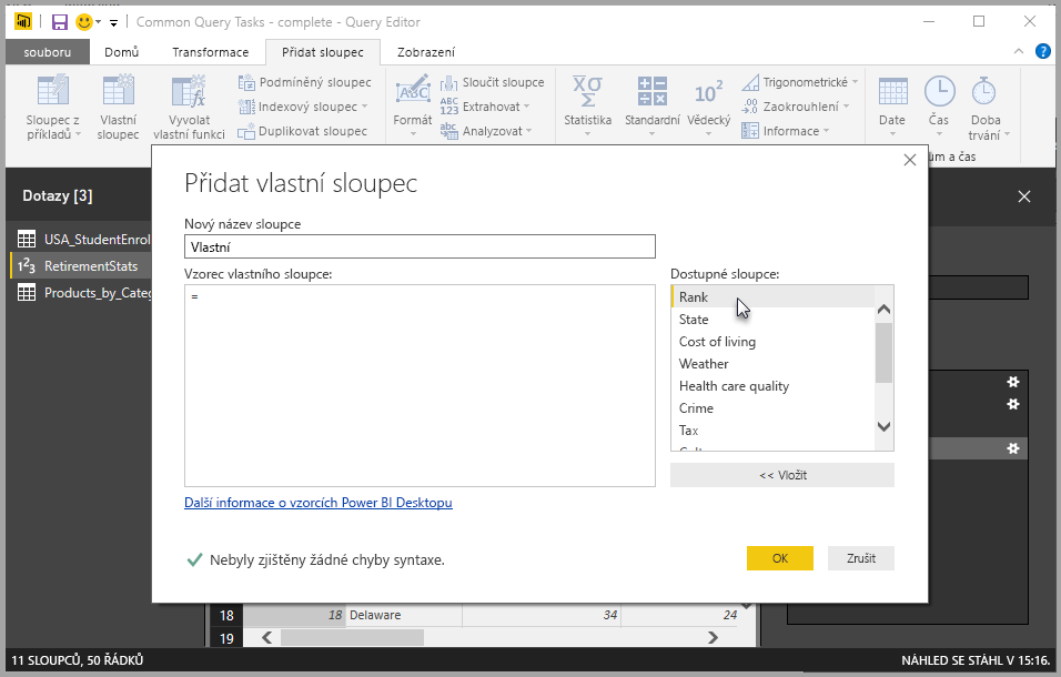 Screenshot of the Custom Column dialog box, which includes available columns to choose from.