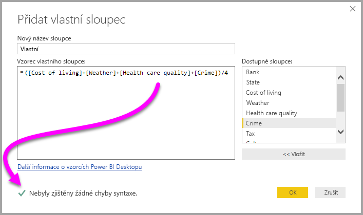 Screenshot of the Custom Column dialog box, highlighting no syntax errors have been detected and a checkmark.