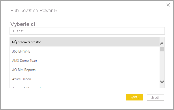 Snímek obrazovky s dialogovým oknem Publikovat do Power BI