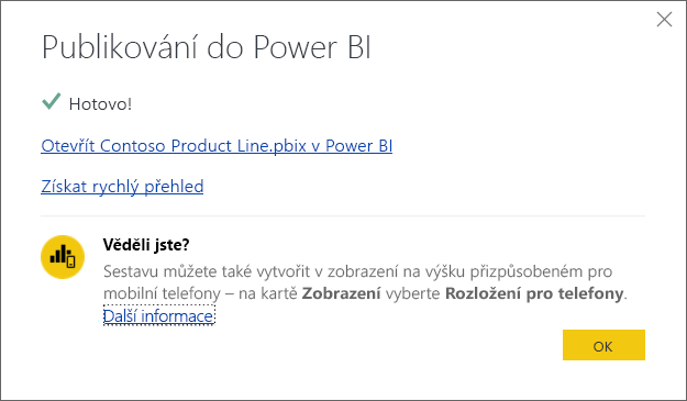 Snímek obrazovky s dialogovým oknem úspěšného publikování do Power BI