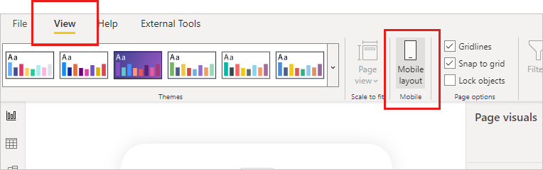 Snímek obrazovky s tlačítkem rozložení pro mobilní zařízení na pásu karet Zobrazit v Power BI Desktopu