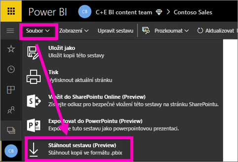 Snímek obrazovky s nabídkou souborů v služba Power BI se zvýrazněnou možností Stáhnout soubor PBIX