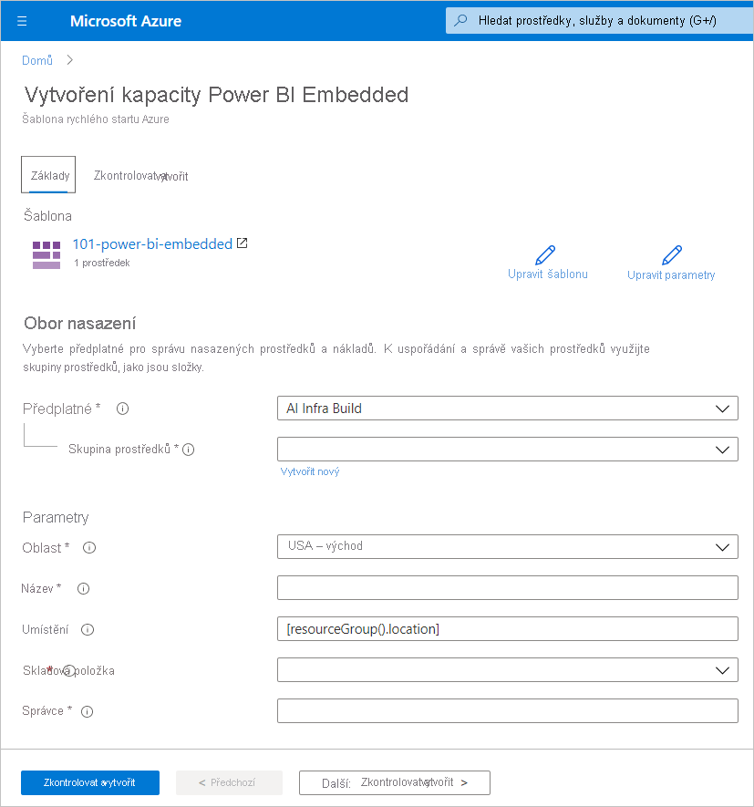 Screenshot shows the Basics tab of the Create a Power B I Embedded capacity page to create new capacity in the Azure portal.
