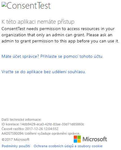 Snímek obrazovky s dialogovým oknem webu Azure Portal, ve kterém se zobrazuje chyba oprávnění k testu souhlasu
