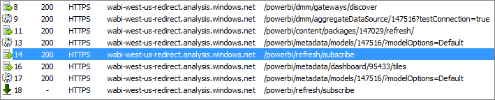 Snímek obrazovky s oknem výstupu nástroje Fiddler, který zobrazuje API Power BI přenosy HTTP