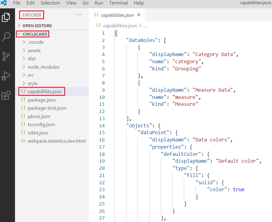 Snímek obrazovky s přístupem k souboru capabilities.json v kódu V S