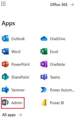 Screenshot that shows the Microsoft 365 app picker.