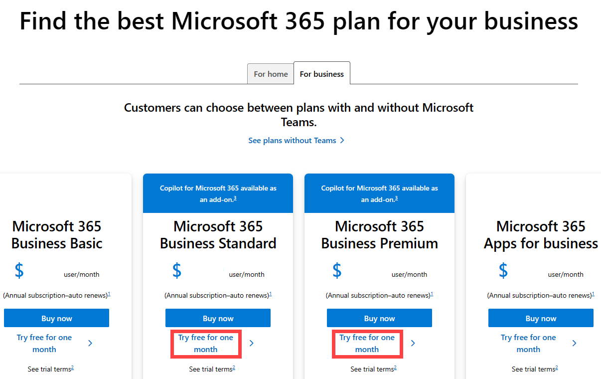 Snímek obrazovky s dostupnými možnostmi systém Microsoft Office 365 Vyzkoušet zdarma je zvýrazněno.