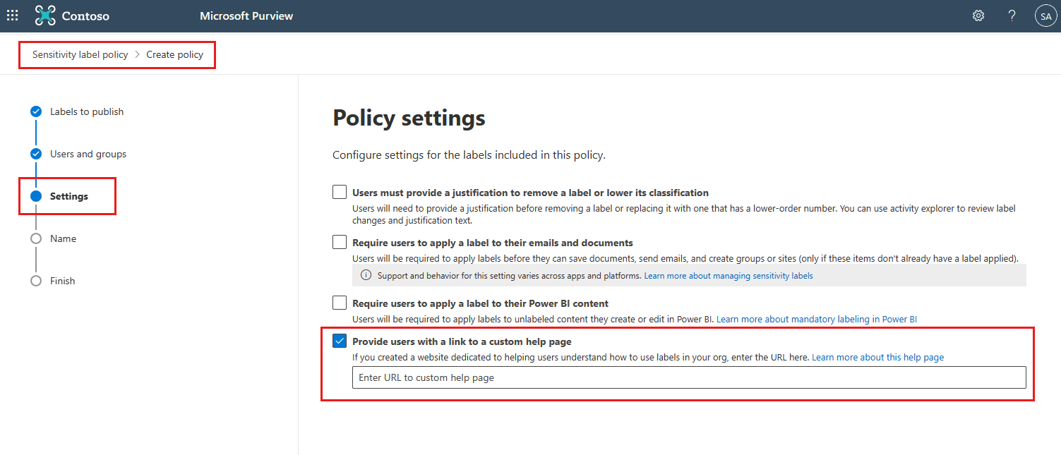 Screenshot shows the Microsoft Purview settings page. Create policy, settings, and provide a custom help link are highlighted.