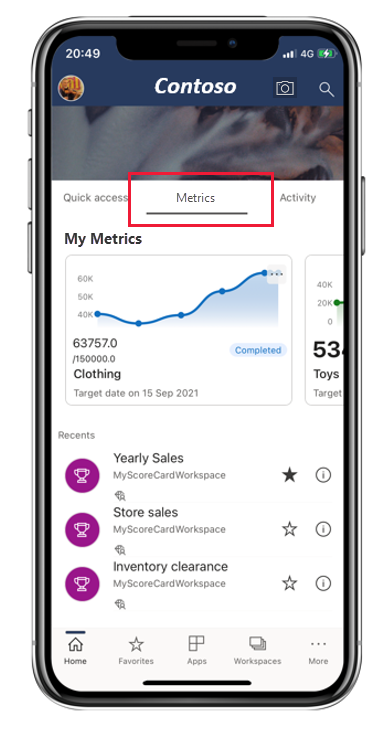 Snímek obrazovky s centrem metrik v mobilní aplikaci Power BI