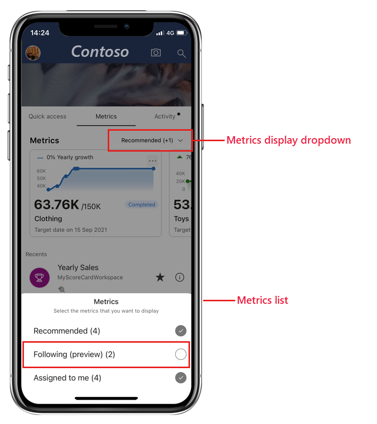 Snímek obrazovky znázorňující, jak zobrazit sledované metriky na kartě Metriky mobilní aplikace Power BI