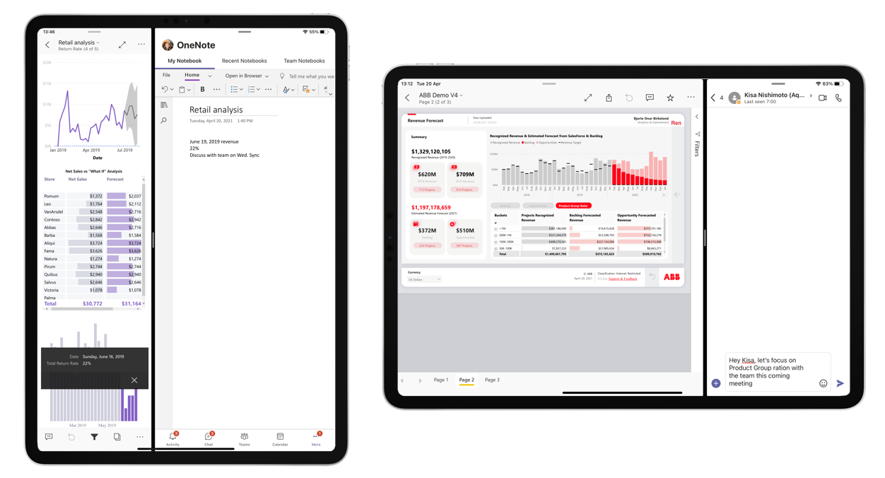 Snímek obrazovky znázorňující Power BI v režimu rozdělené obrazovky