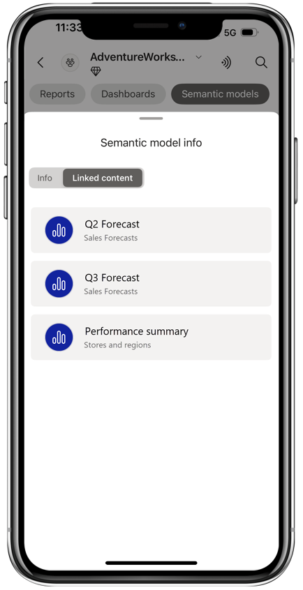 Snímek obrazovky znázorňující kartu Propojený obsah v podokně sémantického modelu v mobilní aplikaci Power BI