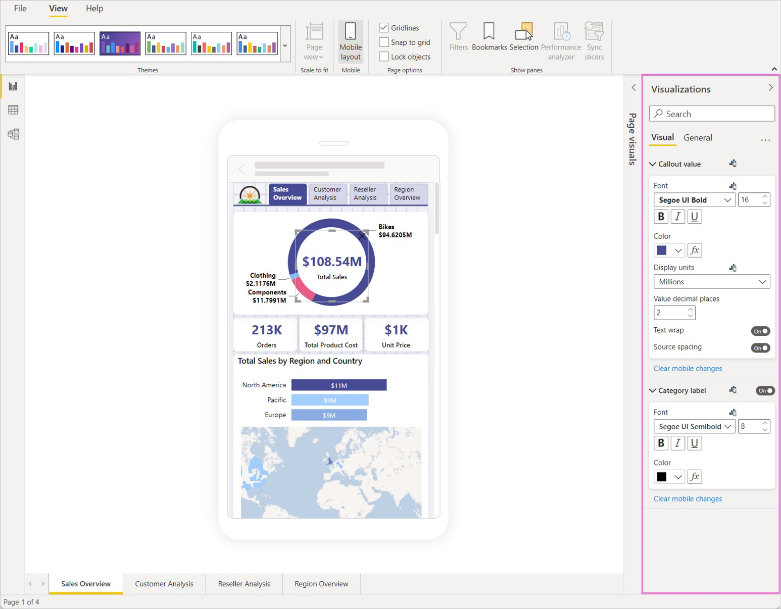 Snímek obrazovky panelu vizualizací v zobrazení rozložení Power BI pro mobilní zařízení G A