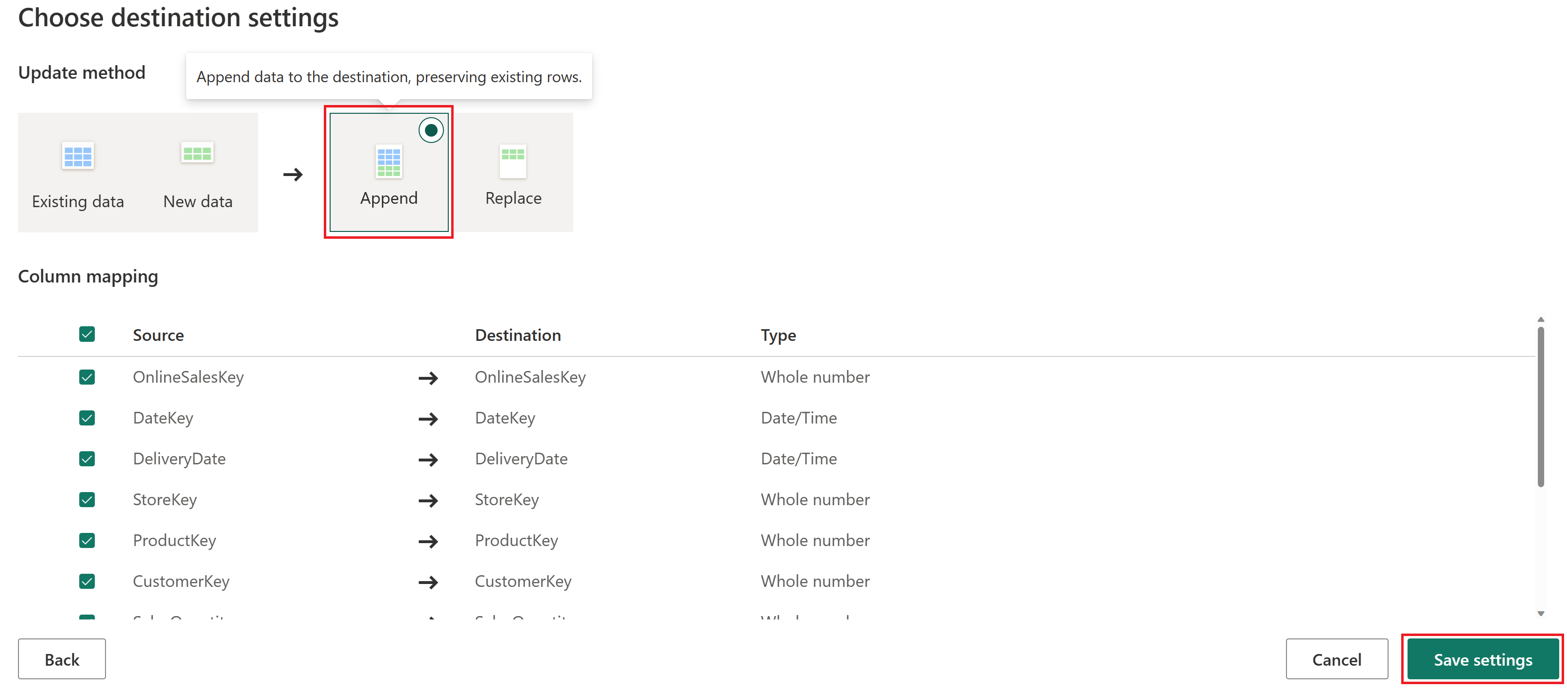 Screenshot of the destination settings menu selection.