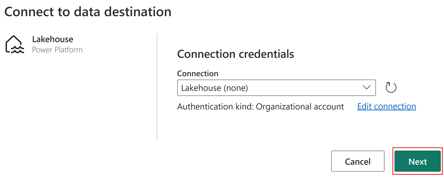 Screenshot of the Connect to data destination menu.
