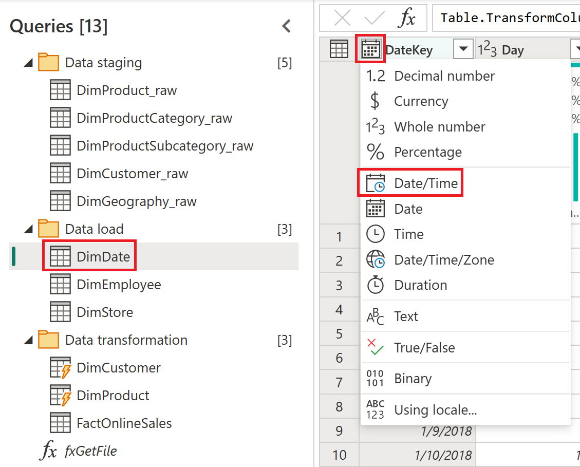 Screenshot of changing data types within the Power Query editor.