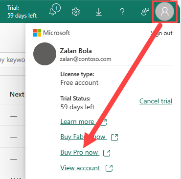 Snímek obrazovky správce účtu s červenou šipkou ukazující na Koupit Pro