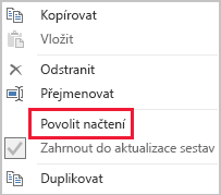 Snímek obrazovky Power Query s možností Povolit načtení