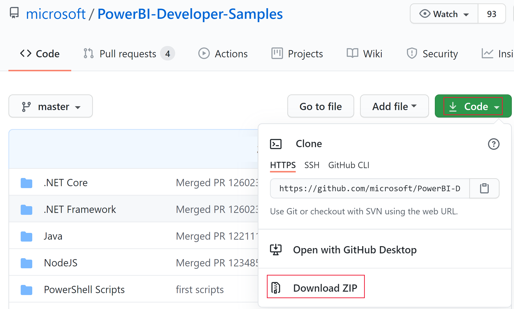 Snímek obrazovky znázorňující možnost stažení SOUBORU ZIP v ukázkách Power BI pro vývojáře na GitHubu