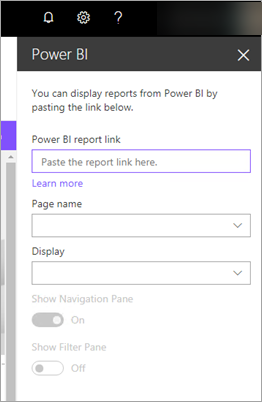 Snímek obrazovky s vlastnostmi nové webové části SharePointu se zvýrazněným odkazem na sestavu Power BI