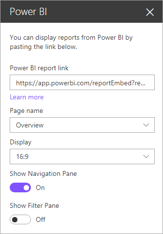 Snímek obrazovky s dialogovým oknem vlastností nové webové části SharePointu se zvýrazněným odkazem na sestavu Power BI