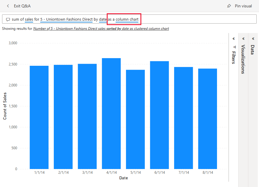 Screenshot shows Q&A visual with as a column chart added to the question.