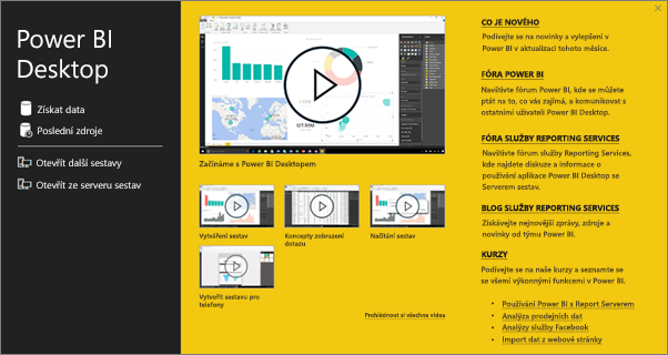 Power BI Desktop start screen
