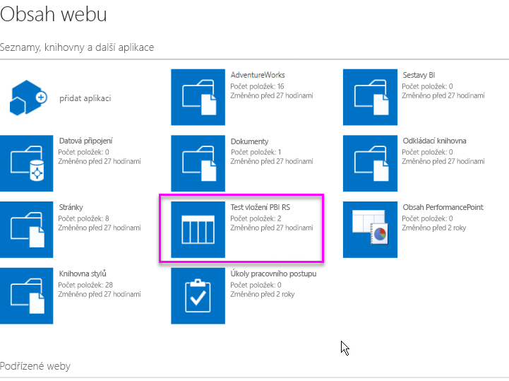 Snímek obrazovky aplikace stránky Obsah webu
