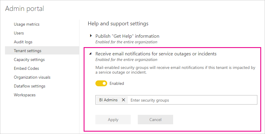 Screenshot of the Power BI tenant settings screen enabling service notifications.