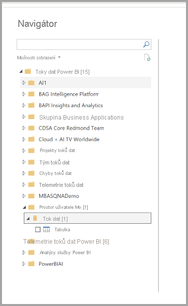 Snímek obrazovky s navigátorem v Power BI Desktopu a výběrem toků dat, ke kterému se chcete připojit